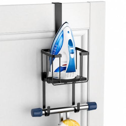 ORLESS Ironing Board Hanger Over Door & Wall Mount, Black | 2 in 1 Heavy Duty Iron Board Holder with Storage Basket, Fits T/Y Boards, Laundry Room Space Saver - color: Black Iron Black Wood