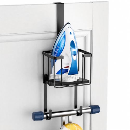 ORLESS Ironing Board Hanger Over Door & Wall Mount, Black | 2 in 1 Heavy Duty Iron Board Holder with Storage Basket, Fits T/Y Boards, Laundry Room Space Saver - color: Black Iron Black Wood