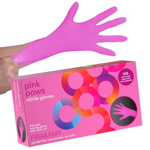 FRAMAR Pink Gloves Disposable Latex Free XS – Pink Nitrile Gloves XS, Nitrile Glove For Hair Dye, Salon, Cleaning, Tattoo, Food Prep, Non Latex Rubber, Extra Durable – 100 Pack - size: X-Small