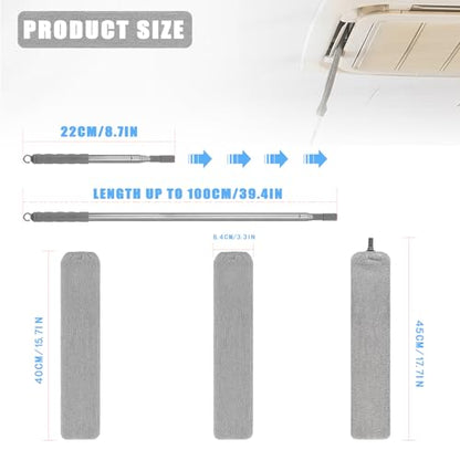 Retractable Gap Dust Cleaner, 40” Flat Cleaner with Hanging Hook, Bendable and Detachable Head Microfiber Duster, Washable Dust Brush for Home, AC, Car and Hard-to-Reach Corners, Containing 2 Clothes