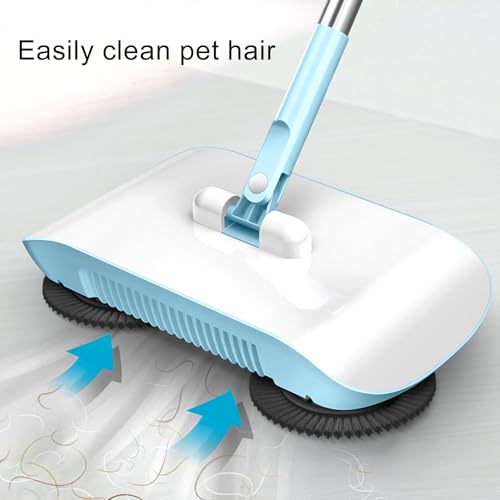 Floor Sweeper, Stainless Steel Dual Brush 180 Degree Rotating Hand Push Sweeper, Non Electric with Sealed Dustbin for Hardwood Tile Marble Floors Pet Hair Dust (Blue) - color: Blue