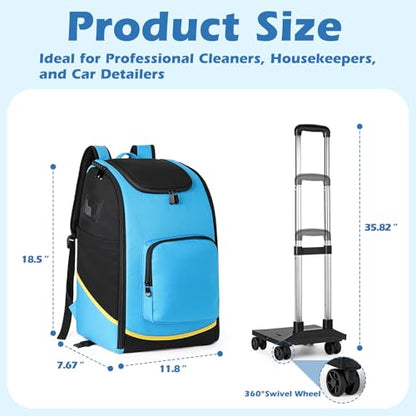 Rolling Cleaning Caddy Bag with Wheels, Large Cleaning Supplies Organizer Backpack with Detachable Trolley and Cleaning Apron for Housekeepers, Home, Hotel & Car Detailing - color: A02-blue