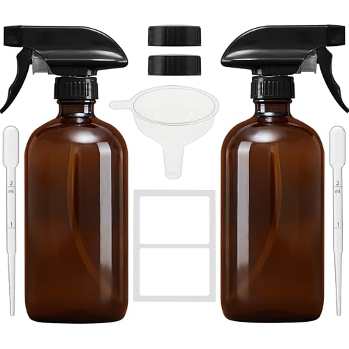 Amber Glass Spray Bottles 16 oz, 2 Pack | Refillable Empty Spray Bottles for Cleaning, Essential Oils, Plants, Hair Mister