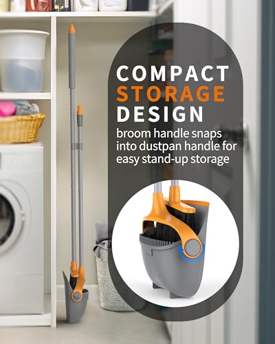 MR.SIGA Broom and Dustpan Set with Long Handle, Stand Upright Broom with Dustpan Combo for Cleaning Office, Garage, Lobby, Lightweight Sweeping Set, 51.7"(131 cm) Long Handle, Gray & Orange - color: Gray & Orange
