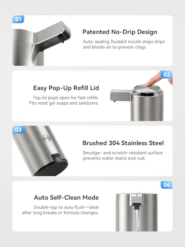 SUNLY Touchless Automatic Soap Dispenser – Clog-Free Pump, 0.2s Fast Sensor, USB-C Rechargeable, Smudge-Resistant Stainless Steel, for Kitchen & Bathroom Soap Dispenser - color: Silver