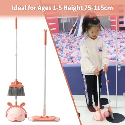 Midoneat Kids Cleaning Toy Set, Mini Child Broom, Mop and Dustpan, Little Housekeeping Helper Set ,Pretend Home Cleaning Play Set for Toddler Height 75-115cm ,6pcs (Pink) - color: Pink