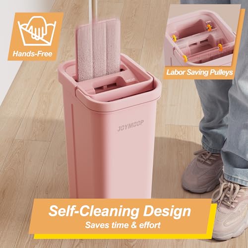 JOYMOOP Pink Mop and Bucket with Wringer Set for Home, with 5 Reusable Microfiber Mop Pads, Hands-Free Self-Cleaning System, Suitable for Floor Cleaning and Wall Cleaner - size: Middle Pink Bucket #13 + 60" Flat Mop + 5 Pads