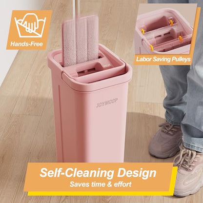 JOYMOOP Pink Mop and Bucket with Wringer Set for Home, with 5 Reusable Microfiber Mop Pads, Hands-Free Self-Cleaning System, Suitable for Floor Cleaning and Wall Cleaner - size: Middle Pink Bucket #13 + 60" Flat Mop + 5 Pads