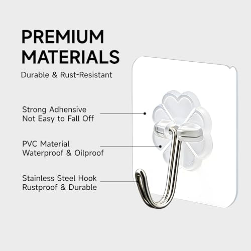 16 Pack Crystal Clear Adhesive Hooks for Hanging, Heavy Duty 22lb Sticky Hooks, Invisible Clear Wall Hooks No Drill No Damage, Waterproof Shower Hooks for Bathroom Kitchen Towel Keys