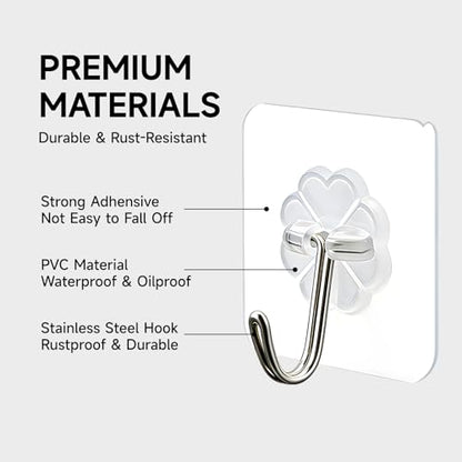 16 Pack Crystal Clear Adhesive Hooks for Hanging, Heavy Duty 22lb Sticky Hooks, Invisible Clear Wall Hooks No Drill No Damage, Waterproof Shower Hooks for Bathroom Kitchen Towel Keys