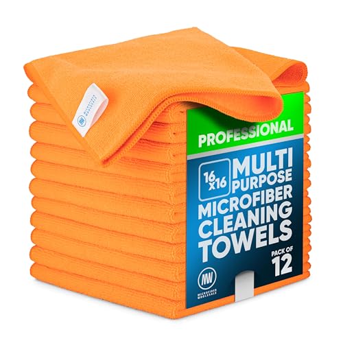 MW Pro Microfiber Cleaning Cloth | Orange | 12 Pack | 16” x 16” | All Purpose Microfiber Towels - Clean, Dust, Polish, Scrub, Absorbent - color: Orange