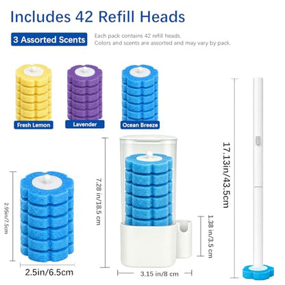 Disposable Toilet Brush with 42 Refills, Toilet Bowl Cleaner Brush with Holder, Wall Mounted Toilet Wand Kit, Random Color Refill Heads in Blue, Yellow or Purple