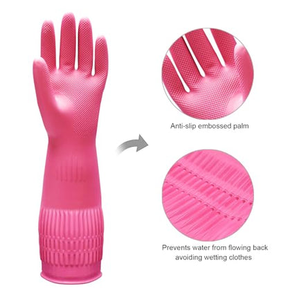 Bamllum 3 Pairs of Rubber Dishwashing Gloves for Kitchen and Household Cleaning – Long Cuff 15", Reusable, Flexible Long-lasting and Non-Slip (Red+Yellow+Green, Medium) - size: M(Best for Small Hands)