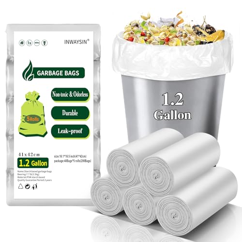Small Compostable Trash Bags - 1.2 Gallon Biodegradable Mini Garbage Bag Unscented & Easy Tearing Bulk Car Waste Basket Liners Strong Thick 200 Count for Kitchen Bathroom Inwaysin - style: Bio-White-1.2Gal200