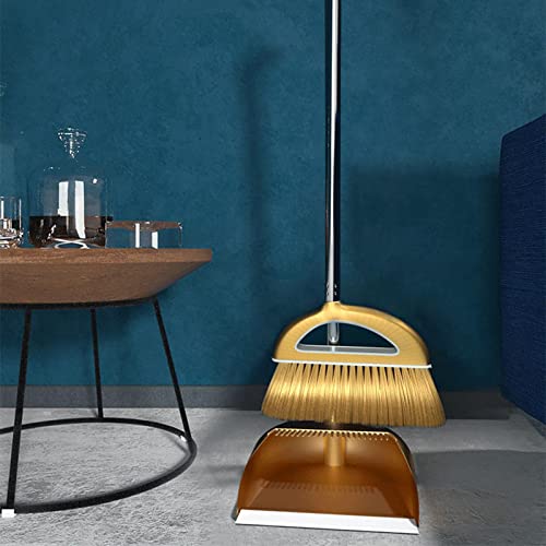 Upgrade Long Handle Broom with Stand Up Dustpan Combo Set for Home Kitchen - color: Gold