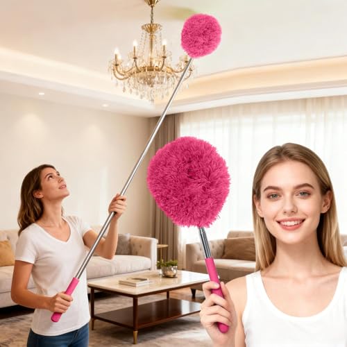 Extendable Microfiber Duster, Telescoping Dusting Brush for Home and Car Cleaning, Adjustable Length, Soft and Flexible - color: Round Rose Red