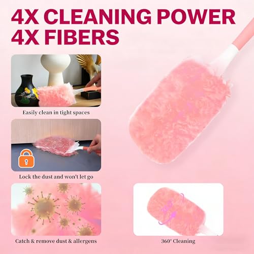 Pink Duster Refill for Swiffer Duster, 30 Count Heavy Duty Duster Refills with 1 Handle, 360 Dusters Refills Kit with 5X Microfibers, Disposable Dusters for Cleaning, Home, Office - color: 30 Count & 1 Handle (Pink)