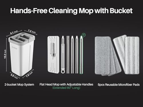 JOYMOOP Flat Mop System, Microfiber Mop and Bucket Set, White, Hands-Free Floor Cleaning Set with Wringer, 60" Handle, Wet and Dry Use, 5 Reusable Pads - size: Middle Bucket #13 + 60" Flat Mop + 5 Pads