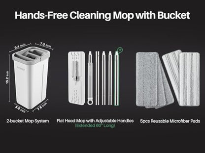 JOYMOOP Flat Mop System, Microfiber Mop and Bucket Set, White, Hands-Free Floor Cleaning Set with Wringer, 60" Handle, Wet and Dry Use, 5 Reusable Pads - size: Middle Bucket #13 + 60" Flat Mop + 5 Pads