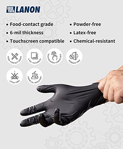 LANON 6-mil Black Nitrile Disposable Gloves, Food-Safe, Powder-Free, Heavy-Duty, Textured Fingertips, Latex-Free, Large - size: Large (Pack of 100)