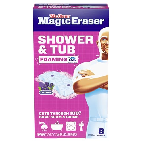 Mr. Clean Magic Eraser Sponge, Bathroom, Shower, Tub Cleaner, Soap Scum Remover, Bathroom Cleaning Supplies, Dawn Cleaning Power with Lavender Scent, Shower & Tub, 8ct - size: 1 Count (Pack of 8), style: Upgraded Version
