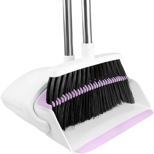 Broom with Dustpan Combo Set for Home, 52-in Long Adjustable Handle Angle Broom and Dustpan Set with Dustpan Comb Teeth for Sweeping Pet Hair Food Dirt Kitchen (White-Purple) - color: White-purple