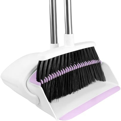 Broom with Dustpan Combo Set for Home, 52-in Long Adjustable Handle Angle Broom and Dustpan Set with Dustpan Comb Teeth for Sweeping Pet Hair Food Dirt Kitchen (White-Purple) - color: White-purple
