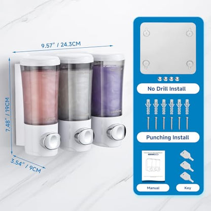 Shampoo and Conditioner Dispenser No Drill Shower Soap Dispenser Wall Mounted Shower Dispenser 3 Chamber with Upgrade Smooth Pump Head Bathroom Body Wash Soap Dispenser Set 450ml*3 White - color: White 3 Chamber