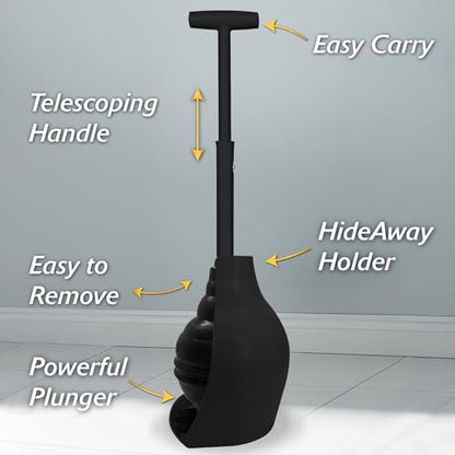Korky BeehiveMAX Hideaway - Heavy Duty Toilet Plunger with Holder in Black - Drip Free Carry-Seals All Bowl Shapes – Powerful Clog Removal, 97-5B - color: Black
