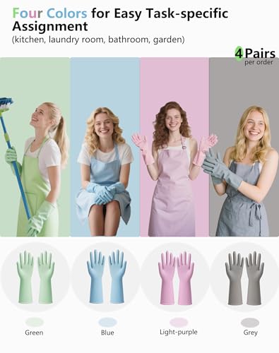 Rubber Cleaning Gloves for Dishwashing, 4 Pairs Reusable Kitchen Gloves for Washing Dishes with Non-Slip Grip