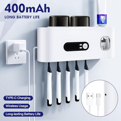 Toothbrush Sterilizer Holders,Smart Drying and Cleaning Wall Mounted Holder with Automatic Toothpaste Dispenser, 5 Brush Slots 2 Cups for Bathroom (White) - color: White