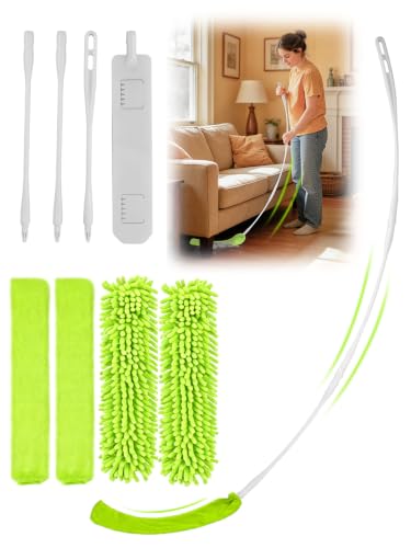 Bend-Free Gap Dust Cleaner Cleaning Tools Washable Flat Duster Brush with 4 Microfiber Chenille Dusting Cloths Long Handle 56 inches for Cleaning Under Appliances Furniture Couch Bed Fridge Ceilings