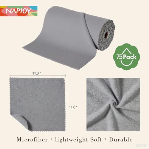 Napjoy Microfiber Cleaning Cloth Roll, 75PK Easy Tear Away Reusable Paper Towels, 12" x 12", Lint-Free and Scratch-Free with Patented Fiber Technology Microfiber Towel Roll, Grey - color: Gray