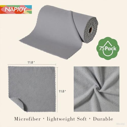 Napjoy Microfiber Cleaning Cloth Roll, 75PK Easy Tear Away Reusable Paper Towels, 12" x 12", Lint-Free and Scratch-Free with Patented Fiber Technology Microfiber Towel Roll, Grey - color: Gray