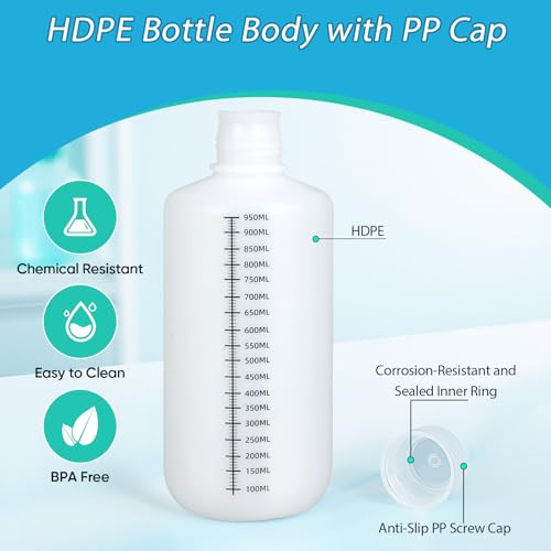 32oz/1000ml Narrow Mouth Plastic Bottles with Caps, HDPE Laboratory Grade Graduated Liquid Containers for Reagent Sample Medicine Water Storage (Translucent, 2 Pcs) - size: 32 oz