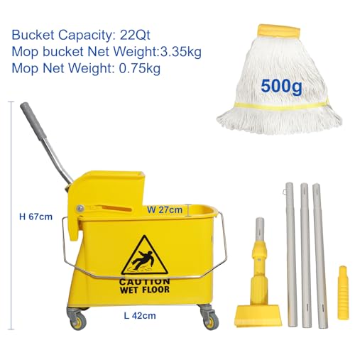 Midoneat Mop Bucket with Wringer, 22 Qt (5.5 Gallon), Handle, Wheels,Floor Cleaning, 16.5" L x 10.6" W x 26.4" H, Yellow,Add One Cotton Mop - size: 22