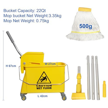 Midoneat Mop Bucket with Wringer, 22 Qt (5.5 Gallon), Handle, Wheels,Floor Cleaning, 16.5" L x 10.6" W x 26.4" H, Yellow,Add One Cotton Mop - size: 22