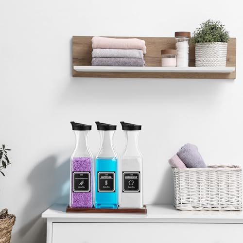 Laundry Detergent Dispenser,54OZ Laundry Soap Dispenser,Liquid Laundry Detergent Container,Fabric Softener Dispenser with Brown Wood Tray,Laundry Room Organizer with 4 Labels - color: Black With Brown Tray
