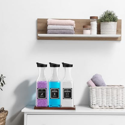 Laundry Detergent Dispenser,54OZ Laundry Soap Dispenser,Liquid Laundry Detergent Container,Fabric Softener Dispenser with Brown Wood Tray,Laundry Room Organizer with 4 Labels - color: Black With Brown Tray