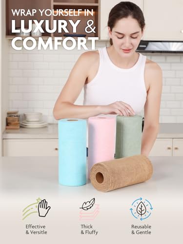 Fantasticlean Kitchen Towels - 80 Sheets - Reusable Washable Dishcloth Rolls, Super Absorbent, Premium Microfiber Cleaning Cloths, 10'' by 10'' (Pink,Blue,Tan,Moss Green) - color: Pink,blue,tan,moss Green