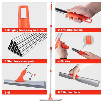 ITTAR Floor Squeegee with 60" Stainless Steel Handle, 17.2" Silicone Blade Floor Scrubber for Bathroom, Shower, Garage, Tile, Window and Water Removal
