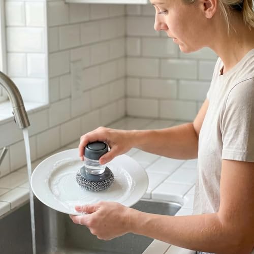 Comfort Grip Soap Dispensing Kitchen Scrub, Heavy Duty Kitchen Scrub Brush with Comfort Grip, Replaceable Cleaning Balls, Non-Slip Handle for Dishes, Pots, Pans, Sinks & Countertops (2 + 4pcs Balls)