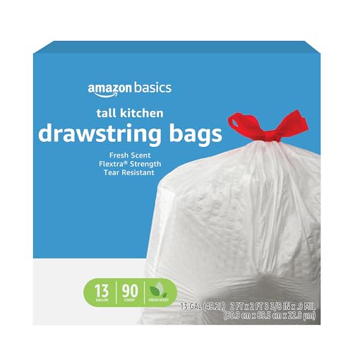 Amazon Basics Flextra Strength Tall Kitchen Drawstring Trash Bags, Fresh Scent, Tear Resistant, 13 Gallon, 90 Count - size: 90 Count (Pack of 1)