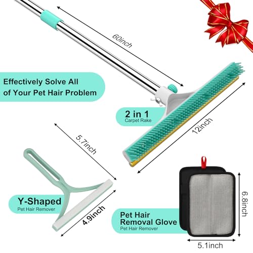 Carpet Rake for Pet Hair Removal - 60" Adjustable Long Handle Carpet Rake, 3 in 1 Reusable Pet Hair Removal Tool Kit, Cat Dog Fur Rakes Scraper Carpet Broom (White) - color: White, size: 60inch