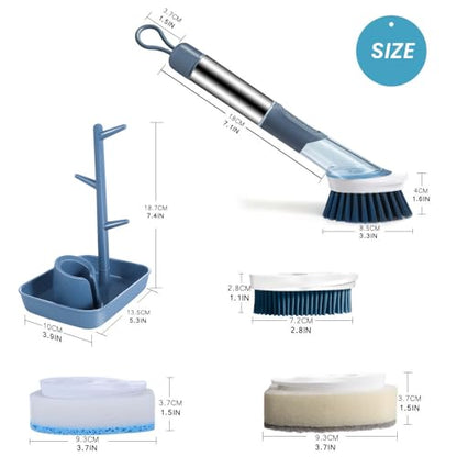 Soap Dispensing Dish Brush Set with Holder - 3 Replaceable Heads (Sponge, Scrubber, Brush) - Long Handle Kitchen Cleaning Brush for Pots, Pans, Sink & Dishes - Non-Slip Grip (Blue)