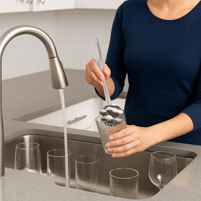 Glass Sponge Dish Brush with Handle – 11.5" Puff Head Kitchen Cleaning Brush for Glasses, Bottles, Dishes & Vases – Soft Layered Sponge with Ergonomic Clear Handle - color: Gray