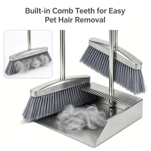 Heavy Duty 304 Stainless Steel Dustpan and Broom Set, Long Handle Self Standing Dust Pan with Wide Mouth Pet Hair Comb Teeth, Indoor Outdoor Cleaning Set for Kitchen Garage Office