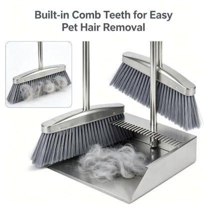 Heavy Duty 304 Stainless Steel Dustpan and Broom Set, Long Handle Self Standing Dust Pan with Wide Mouth Pet Hair Comb Teeth, Indoor Outdoor Cleaning Set for Kitchen Garage Office