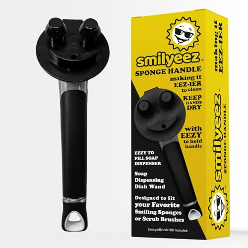 The Original Smiling Handle with Soap Dispensing for the Smiling Sponge with Smilyeez Caddy, Dishwand with Sponges, and 2 Scrub Mojis (Black) - style: Black with Sponge Dishwand