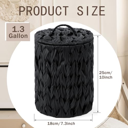 Ctosree 1.3 Gallons Small Trash Can with Lid Handle Boho Woven Braided Bathroom Waste Basket Trash Can with 100 Garbage Bags for Bedroom Office Laundry(Braided Polypropylene, Black) - color: Black, style: Braided Polypropylene